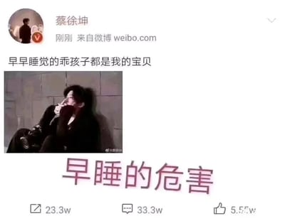 这是一张经过二次创作的社交媒体截图类梗图，模仿微博平台蔡徐坤官方账号的发文格式制作。顶部显示“蔡徐坤 刚刚 来自微博weibo.com”，配文为“早早睡觉的乖孩子都是我的宝贝”，下方配有一张蔡徐坤靠墙坐着、单手抵嘴的个人图片，图片下方用醒目的粉色字体标注“早睡的危害”，形成了发文内容与配图文字的强烈反差，制造出搞笑戏谑的效果。截图还模拟了微博的互动数据，显示转发23.3w、评论33.3w、点赞5.5w。