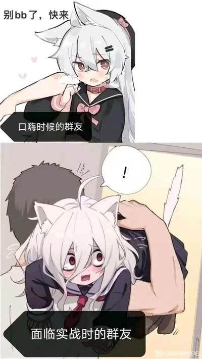 该图为上下两格的连环对比图，均以白发猫耳娘为主体。上格中猫耳娘身着水手服，表情略带不耐烦，上方文字'别bb了，快来'，下方标注'口嗨时候的群友'，展现群友在闲聊时吹嘘、催促的状态；下格中猫耳娘表情惊慌失措，被一只手抓住后领，旁边有'!'的惊讶气泡，下方标注'面临实战时的群友'，形成口嗨与实战的鲜明反差，幽默调侃群友言行不一的现象。