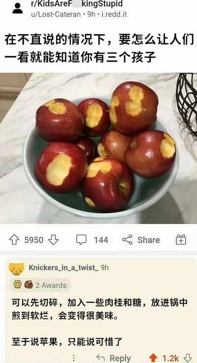 这是一张Reddit帖子截图，标题为“在不直说的情况下，要怎么让人们一看就能知道你有三个孩子”，配图是一碗每个都被咬了一口的红苹果，通过苹果上不同的咬痕幽默暗示家中有三个孩子。帖子下方有一条获赞1.2k的评论：“可以先切碎，加入一些肉桂和糖，放进锅中煎到软烂，会变得很美味。至于说苹果，只能说可惜了”，以调侃的方式回应了图片内容。