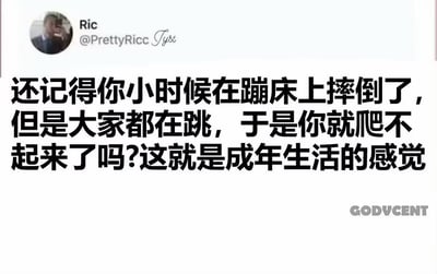 这是一张经过翻译制作的X平台发言截图，顶部保留了发布者Ric的账号头像与ID@PrettyRicc，主体为加粗中文文字，内容是将童年在蹦床上摔倒后，因为周围其他人一直跳动导致自己站不起来的经历，用来比喻当代成年人的生活状态，精准戳中成年人被快节奏生活、同辈压力裹挟，难以停下休整的共鸣点，图片右下角带有GODVCENT的水印。