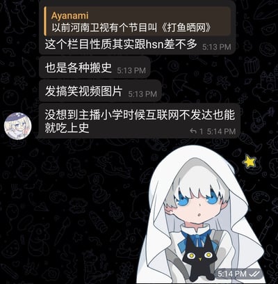 这是一张社交媒体聊天界面的静态截图，背景为黑色，布满浅灰色线条绘制的各类童趣小图案。界面上方是用户名为Ayanami的用户发送的连续几条聊天消息，内容提到河南卫视曾经推出的节目《打鱼晒网》和hsn属性相近，都是搬运各类内容、发布搞笑视频图片，还调侃相关主播在小学时期互联网还不发达的时候就已经接触到这类内容，每条消息旁都标注了发送时间。界面右下角有一个Q版卡通形象，角色有着白色短发和蓝色眼睛，身披白色兜帽，怀里抱着一只黑色小猫，表情略带疑惑。