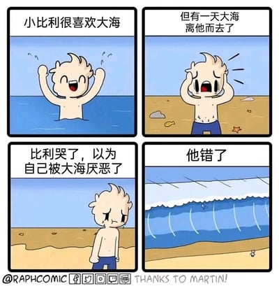 这是一则四格搞笑反转漫画，第一格展示卡通角色小比利在海水中开心地举起双手，满脸笑容，表现出对大海的喜爱；第二格中海水退去，小比利站在布满小鱼、贝壳等海洋生物的沙滩上，双手抱头，嘴巴大张，露出崩溃的表情；第三格中小比利垂头站在沙滩上，脸上挂着泪水，神情低落，内心误以为自己被大海厌恶了；第四格则揭示了反转的真相：并非大海厌恶他，而是一场巨型海啸正在袭来，高高涌起的海浪带着明显的冲击趋势，预示着危险即将降临，彻底反转了小比利的误会，制造出搞笑又带有惊悚感的反差效果。