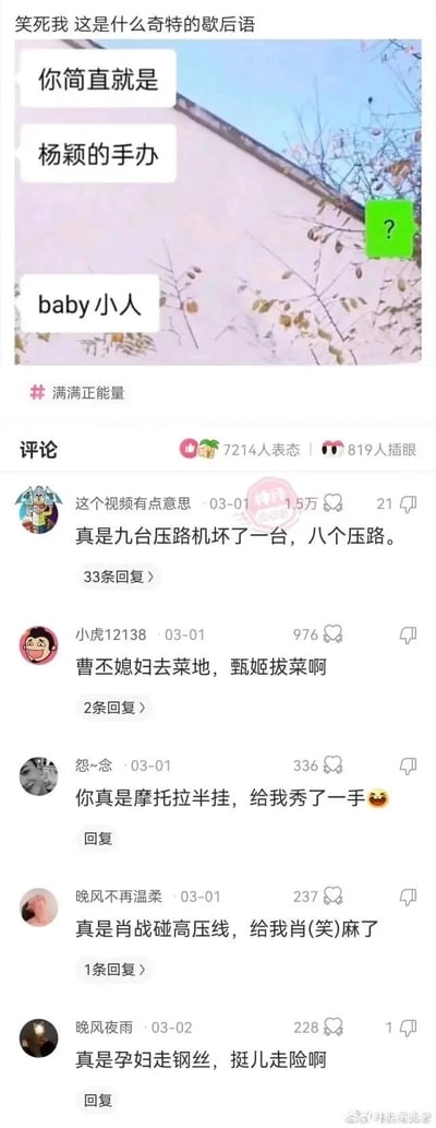 这是一张来自微博的社交媒体截图，顶部是一段趣味聊天对话，发送者用“杨颖的手办”谐音“baby小人（卑鄙小人）”来玩歇后语式的调侃，制造出反差搞笑效果。下方是该内容的评论区，网友们纷纷接龙创作各种脑洞大开的谐音歇后语，例如“曹丕媳妇去菜地，甄姬拔菜啊”（“甄姬拔菜”谐音“真几把菜”）、“肖战碰高压线，给我肖（笑）麻了”（“肖”谐音“笑”）、“摩托拉半挂，给我秀了一手”等，这些梗均通过谐音替换知名人物、日常事物的名称来制造笑点，整体风格轻松诙谐，充满网络流行的娱乐氛围，展现了网友们的创意和玩梗能力。