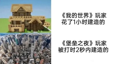 这是一张上下对比的静态梗图，上方展示的是沙盒游戏《我的世界》中玩家花费1小时建造的一栋两层木质小别墅，建筑风格简约，是该游戏中典型的慢节奏精细建造成果；下方展示的是另一款沙盒游戏《堡垒之夜》里，玩家在被攻击的紧急情况下，2秒内建造出的一片密集的城市建筑群，规模庞大且建筑密集。图中通过这种时间和建造成果的强烈反差，调侃两款游戏在建造机制上的核心差异：《我的世界》的建造偏向休闲、慢节奏的创作，而《堡垒之夜》的建造是战斗中的应急操作，要求玩家具备极快的反应和建造速度，以此制造出幽默的效果，引发游戏玩家的共鸣。