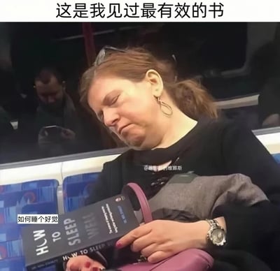 这是一张拍摄于公共交通工具（地铁）内的搞笑图片，画面中的女士坐在座位上，怀里抱着一本英文名为《HOW TO SLEEP WELL》、中文注释为“如何睡个好觉”的书籍，而她本人双眼紧闭、头低垂着，已经进入熟睡状态。图片顶部配有文字“这是我见过最有效的书”，通过书籍主题和女士当下状态的强烈反差，制造出幽默调侃的效果，调侃这本助眠书籍“效果立竿见影”，是一个充满生活趣味的梗图。