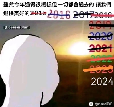 这是一张充满自嘲与共鸣的meme梗图，顶部配文“虽然今年过得很糟糕但一切都会过去的 让我们迎接美好的2015”，这句原本用来安慰人、寄望新一年的话语，结合右侧被各种颜色线条划掉的2015到2023所有年份，只剩下最下方的2024清晰保留，形成强烈的反差感。图中还有一个卡通化的人物背对着镜头，目光投向2024，生动地表现出人们连续多年经历生活不顺，每年都在自我安慰“今年糟，明年好”，却陷入“年年糟糕年年盼”的循环，最终对2024仍抱有一丝期待的无奈又真实的心态，精准戳中当代人在生活压力下的情绪痛点。