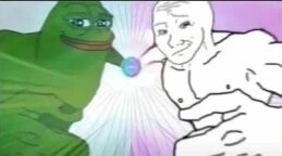 图片左侧是绿色的Pepe青蛙，面带微笑且身体前倾；右侧为肌肉发达的白色人形角色，表情自信，两人中间悬浮着一个发出蓝紫色光芒的球体，光芒呈放射状向四周扩散。整体构图呈现出角色间对峙或互动的场景，具有 meme 特有的幽默对比感。