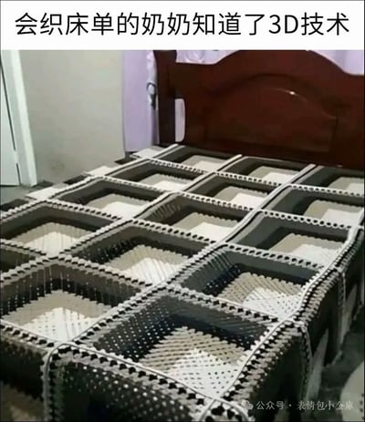 图片展示了一张铺在床上的手工编织床单，通过黑白格子的巧妙排列，形成了强烈的3D立体视觉错觉，看起来像是床面上凹陷着多个正方形格子。上方配文“会织床单的奶奶知道了3D技术”，用幽默的方式将传统手工艺与现代3D技术概念结合，暗示这是一位掌握传统编织技艺的奶奶受到3D技术启发后创作的作品，展现了传统手艺与现代创意的有趣碰撞。