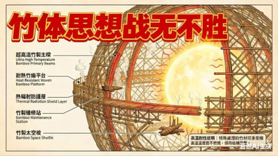 这是一张充满荒诞脑洞的AI生成图，将科幻概念中的戴森球（包裹恒星的巨型能源收集结构）完全替换为经过特殊高温处理的竹子材质打造。图中详细标注了各个竹制部件：超高温竹製主樑、耐熱竹編平台、熱輻射防護層、竹製維修站、竹製太空梭，右下角说明特殊处理的竹材可承受超高温不燃烧，保持结构完整。标题「竹体思想战无不胜」玩了谐音梗，将「主体思想」替换为「竹体思想」，用竹子的「竹」制造反差感，结合科幻结构与传统材料的碰撞，充满搞笑荒诞的创意。