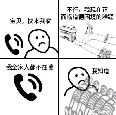 这是一幅四格连环黑白简笔画梗图，改编自经典伦理学思想实验“电车难题”。第一格中，一个愁眉苦脸的简笔画人物正在打电话，邀请对方来自己家；第二格中，该人物表示自己正面临道德困境的难题，画面右侧呈现出电车难题的经典场景：一辆电车即将驶向绑有五个人的轨道，旁边有可切换轨道的拉杆，另一条轨道上绑着一个人；第三格是电话另一端的人回应“我全家人都不在哦”；第四格中，这个简笔画人物出现在绑有五个人的轨道上，说出“我知道”。漫画将严肃的道德困境与约会的小心思结合，制造出反差感十足的搞笑效果——原来人物的“道德困境”是想让对方前来，而对方家人不在的情况下，自己可以成为轨道上的那一个个体，以此消解电车难题的选择困境，是对经典思想实验的趣味解构。