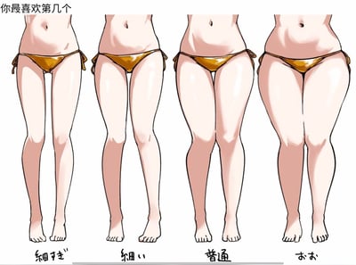 这是一张横向排版的卡通插画，展示了四种不同类型的动漫女性下半身腿型，从左到右依次为过细腿、纤细腿、普通腿、丰满腿，均搭配金色系带比基尼下装。图片上方配有中文提问“你最喜欢第几个”，每种腿型下方对应日文标注：「細すぎ」（过细）、「細い」（纤细）、「普通」（普通）、「太め」（丰满），整体用于引发关于不同腿型审美偏好的讨论，画面风格为典型的日式动漫插画，没有双关、谐音梗或暗示内容。