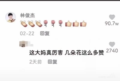 这是一张来源于小红书平台的评论区截图，画面展示了两条互动评论。上方是昵称显示为"林俊杰"的用户发布的评论，内容包含3个作揖表情、3朵玫瑰花表情以及3个点赞表情，该评论获得了90.7万的点赞量；下方是一条发布于2天前的评论，内容为"这大妈真厉害 几朵花这么多赞"，获得2740个点赞，这条评论错将昵称是"林俊杰"的用户认成了大妈，形成了一个有趣的网络乌龙场景，截图右下角带有小红书平台标识及对应小红书号。
