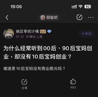 这是一张百度贴吧“弱智吧”的帖子截图，发帖用户ID为“绝区零统计橘”，等级为Lv.7，IP属地为上海，发布于7月21日。帖子内容是故意违背常识的搞笑提问：为什么常听说90后、00后宝妈创业，却没有10后宝妈创业，难道是10后宝妈没有商业眼光吗？该提问的笑点在于10后群体截至2024年最大年龄仅为14岁，远未达到法定婚育年龄，客观上不存在“10后宝妈”这一群体，属于典型的“弱智吧”板块特有的刻意制造逻辑矛盾的无厘头搞笑内容。