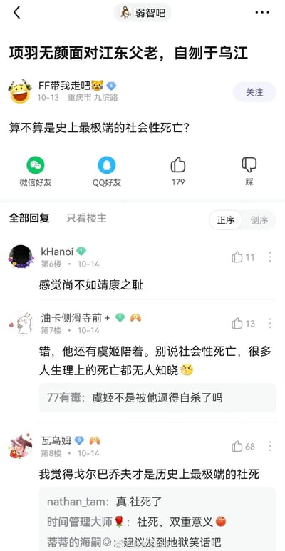 这是百度贴吧“弱智吧”的一则竖屏手机格式的社交媒体截图，楼主ID为“FF带我走吧”，于10月13日标注地点为重庆市九滨路发布帖子，用现代网络热词“社会性死亡”调侃历史人物项羽乌江自刎的行为，提问“算不算是史上最极端的社会性死亡？”。帖子获得179个赞，下方有多位吧友的趣味回复：有吧友将其与靖康之耻对比，有吧友提及虞姬并引发关于虞姬死因的讨论，还有吧友调侃戈尔巴乔夫是历史上最极端的社死，该回复获得68个赞，另有其他吧友在其回复下互动，建议将内容发到“地狱笑话吧”。整个帖子以荒诞的方式将历史事件与网络热梗结合，展现了贴吧玩梗的轻松搞笑氛围。