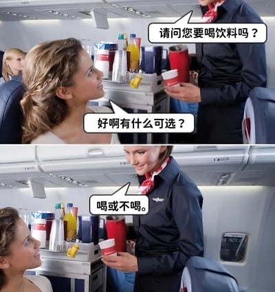 这是一张上下两格的对比梗图，展示了飞机上乘客与空姐的饮料选择对话。上格中，空姐推着饮料车询问乘客是否需要饮料，乘客微笑着询问有什么可选；下格中，空姐则面无表情地回答'喝或不喝'，形成幽默的反差效果。