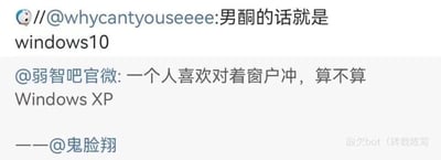 这是一张社交媒体截图，呈现了三段网络用户的玩梗内容，属于低俗趣味的谐音梗创作。用户@whycantyouseeee将“男酮（男同的谐音）”与“windows10”关联，利用“windows10”谐音“吻洞10”做低俗暗示；用户@弱智吧官微则提出“一个人喜欢对着窗户冲（‘冲’是手淫的隐晦说法）算不算Windows XP”，利用“Windows XP”谐音“窗户吸屁”对该行为做低俗调侃，最后标注内容来自@鬼脸翔，图片右下角有“酸欠bot（转载或写）”的标识，整体是网络社区中常见的无厘头低俗玩梗内容。