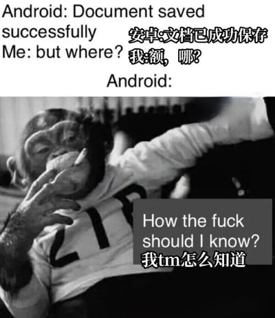 图片上半部分为文字对话：'Android: Document saved successfully 安卓:文档已成功保存'，'Me: but where? 我:额，哪?'。下半部分是一张黑白照片，内容为一只猴子叼着烟，一只手摊开，图片右下角有文字覆盖：'How the fuck should I know? 我tm怎么知道'。该梗图通过拟人化的安卓系统与用户的对话，幽默地吐槽了安卓系统中文件保存后难以找到具体位置的常见用户痛点，猴子的表情和动作生动表现了系统'一问三不知'的状态，引发用户共鸣。