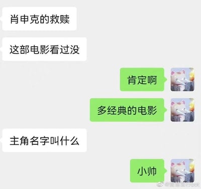 这是一张聊天记录截图形式的搞笑梗图。对话中一人询问《肖申克的救赎》主角名字，对方自信回答'小帅'，形成幽默效果。

笑点在于：《肖申克的救赎》主角实际名为安迪·杜佛兰(Andy Dufresne)，而'小帅'是网络上对记不清具体名字时使用的通用代称，体现了部分人'看过却说不出细节'的尴尬场景。