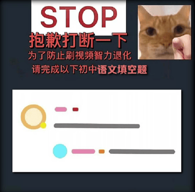 这是一张图文混排的静态趣味测试图，整体背景为深灰色。图片上方区域用醒目的红色字体标注“STOP”，下方配有三行中文文字：“抱歉打断一下 为了防止刷视频智力退化 请完成以下初中语文填空题”，用趣味的方式吸引刷视频的用户参与测试。右上角放置了一张橘猫的图片，旁边有一只手的拳头靠近猫脸，增添了趣味性。图片下方是模拟的初中语文填空题区域，有两组带有图形标识的空白横线，第一组的标识为橙色大圈、粉色长条、红色短条，第二组的标识为蓝色小圈、粉色长条、橙色短条，需要用户根据图形提示填写符合“一X一X”格式的初中语文词汇，推测答案为“一长一短”。整体风格轻松搞笑，旨在刷视频的间隙给用户带来小互动，缓解单调的刷视频过程。