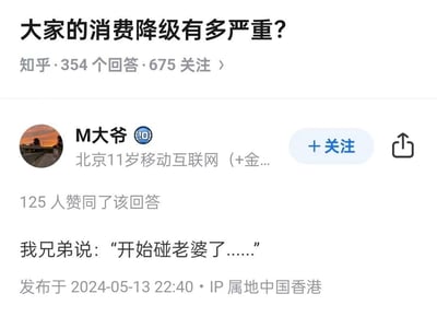 这是知乎问答平台上关于「大家的消费降级有多严重？」问题的回答截图，答主M大爷用一句内涵段子「我兄弟说：“开始碰老婆了……”」来调侃消费降级的程度，获得125人赞同。

内涵暗示说明：该段子通过反向调侃，暗示原本可能存在需要付费的娱乐消费，现在因为消费降级而取消，转向免费的夫妻生活，用低俗又搞笑的黑色幽默来表达消费降级的影响。