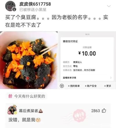 这张梗图记录了一位网友购入臭豆腐时发现老板的微信昵称为“煮屎达人”，瞬间产生心理阴影，导致臭豆腐也吃不下去了。配图有臭豆腐近照、微信支付收款截图，以及评论区的网友自嘲认领身份，形成网络谐音梗与味觉心理冲击的双重笑点，非常适合分享于社交媒体用来“整蛊”或搞笑调侃。明明是正常美食，却因为老板的特殊名字反差感极强，堪称经典社死现场。

彩蛋：含有浓厚谐音梗元素（“煮屎达人”，与“煮食达人”谐音），引发笑点。