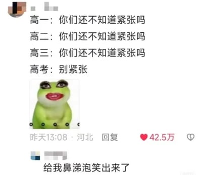 这是一张社交媒体评论截图，上方的评论内容通过递进式的文字制造强烈反差：高一、高二、高三阶段都在向学生传递“要紧张”的情绪，而到了正式高考时，却转而让考生“别紧张”，精准调侃了高中备考过程中的氛围变化；评论下方搭配了一张经过P图改编的青蛙表情包，青蛙被加上了夸张的假睫毛和大红唇，表情滑稽荒诞，进一步放大了文字带来的搞笑效果。截图下方的热评“给我鼻涕泡笑出来了”，也体现出该内容的搞笑程度，容易引发经历过高中备考的网友的共鸣。