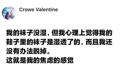 一张社交媒体截图，显示用户'Crowe Valentine'的帖子，用'袜子没湿但感觉湿透且无法脱掉'的比喻来描述焦虑的感受。