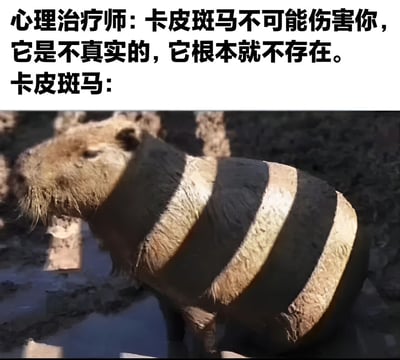 图片上半部分为心理治疗师的台词：‘卡皮斑马不可能伤害你，它是不真实的，它根本就不存在。卡皮斑马：’，下半部分是一只水豚的照片，其身体被画上了类似斑马的黑白条纹，形成了‘卡皮斑马’的形象。通过文字与图像的对比，制造出‘本应不存在的卡皮斑马真实出现’的幽默效果，展现了一种戏谑的反差感。