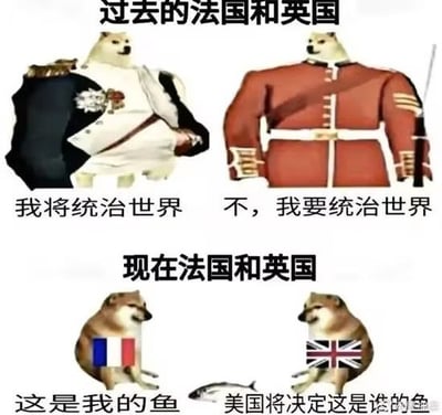这是一张经典的“狗狗梗”对比图，展示了法国和英国的“从前与现在”。上半部分用肌肉狗e（霸气）和历史服饰表现法国、英国帝国主义时代“我要统治世界”的雄心；下部分却是两只普通狗无力地争论“这是一条鱼归谁”，并引出美国裁决的玩笑。梗图讽刺大国影响力的变化，也暗含了现代国际关系的无奈。图片带有明显的戏谑和幽默风格。

图片有双关：用“鱼”象征领土/利益争端，把雄心壮志与现实小打小闹形成对比，形成反差梗。
