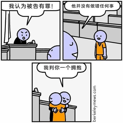 这是一幅三格连环漫画，描绘了一个充满反转的法庭场景。第一格中，身穿黑色法袍的法官表情愤怒，拍着法槌喊道“我认为被告有罪！”；第二格切换到被告视角，身穿橙色囚服的被告平静地辩解“他并没有做错任何事”；第三格中，法官走下审判席，与被告相拥，说出“我判你一个拥抱”。整个漫画通过严肃法庭场景与温情结局的反差制造幽默效果，传递温暖治愈的主题。