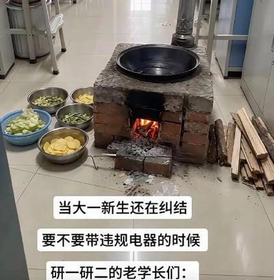 画面拍摄于类似大学宿舍的室内空间，地面铺浅色瓷砖，背景可见金属椅、储物柜和金属桶。画面中央是一座用红砖、水泥或泥浆临时搭成的方形柴火灶，灶膛里有木柴正在燃烧，火焰清晰可见，灶台上方放着一口黑色大铁锅，后方还接有金属排烟管。灶台左侧摆着多个不锈钢盆和一个蓝色滤水篮，里面分别装着切好的土豆片、绿色蔬菜和其他待炒食材；右侧地面堆放着不少劈好的木柴，灶前有灰烬、炭块和一把火钩。图片底部有三段白底黑字字幕：“当大一新生还在纠结／要不要带违规电器的时候／研一研二的老学长们：”。笑点在于用极端夸张的对比制造反差：大一新生担心的只是宿舍违规电器，而高年级研究生学长干脆直接在宿舍搭起柴火灶、用明火做饭，完全绕开“用电违规”，但实际上火灾风险和违规程度更高。图片以荒诞方式调侃宿舍做饭和学长“经验升级”，并不构成现实建议。