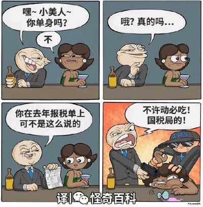 这是一幅四格连环梗图，以夸张的情节调侃美国报税制度和国税局的严格：
1. 第一格：酒吧吧台前，一名油腻男子搭讪女性：“嘿~小美人~你单身吗？”，女性皱眉否认。
2. 第二格：男子露出玩味的表情反问“哦？真的吗...”，女性满脸疑惑。
3. 第三格：男子掏出一份报税单，坏笑着拆穿：“你在去年报税单上可不是这么说的”，女性露出震惊的表情。
4. 第四格：男子瞬间变脸，掏出手枪大喊“不许动必吃！国税局的！”，旁边身着IRS（美国国税局）制服的探员将女性按在桌上，女性的酒杯被打翻在地。

这个梗的核心是调侃美国不同婚姻状态报税的政策差异，女性可能为了税务利益在报税单上填报单身，结果被国税局的人以搭讪的方式钓鱼执法，情节荒诞又讽刺。
