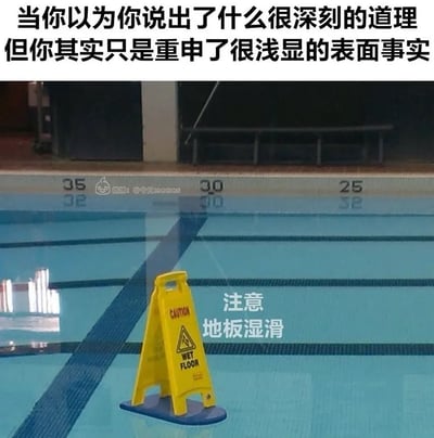 这是一张讽刺类搞笑梗图，采用顶部配文底部配图的结构，顶部配文为“当你以为你说出了什么很深刻的道理但你其实只是重申了很浅显的表面事实”；下方配图为室内游泳池的实拍场景，原本应该放在湿滑地面的黄色“CAUTION WET FLOOR（小心地滑）”警示牌被放在了泳池的水中，旁边还配有“注意 地板湿滑”的标注，用这种违背常识的荒谬场景，形象调侃了部分人说出所有人都知晓的浅显废话，却自我感觉输出了深刻观点的行为，笑点十足。