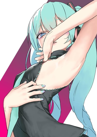 一张动漫风格插画，描绘了一位有着青色长发的少女。她扎着高马尾，头发上有红色发饰，戴着耳机。少女穿着黑色露肩装，衣服边缘有蕾丝花边装饰。她正抬起一只手臂，另一只手则放在胸前整理衣领，姿态优雅又带着一丝冷峻感。背景由紫色和白色的几何图形构成，突出人物主体。