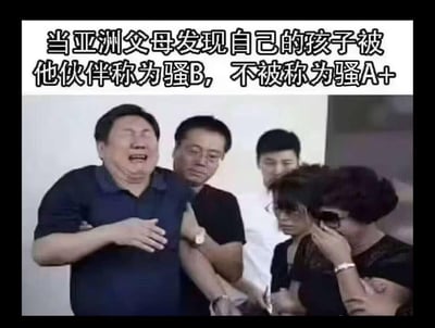 这张梗图改编自真实的悲痛新闻现场照片，画面里一群人表现出极度悲伤崩溃的状态：左侧男子被人搀扶着，手按胸口大哭，右侧女子掩面哭泣。图上配文‘当亚洲父母发现自己的孩子被他伙伴称为骚B, 不被称为骚A+’，玩了一个巧妙的反差梗——把伙伴对孩子的调侃称呼套进了亚洲父母熟悉的成绩评级体系（A+、B是常见的成绩等级），夸张地表现出亚洲父母对‘等级高低’的极致执念，用错位的场景和玩梗文字制造搞笑效果，调侃了部分亚洲家长过度在意‘排名和等级’的教育观念。