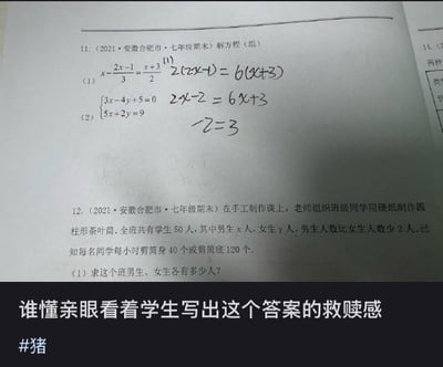 这是一张来自学生数学作业本的照片，主要展示了学生在解方程题时出现了明显的逻辑和计算错误，如2x-2=6x+3 算成 2=3，令人哭笑不得。图片下方配有评论调侃老师内心崩溃又无力吐槽的心理，代入感极强，形成一种幽默又无奈的校园搞笑氛围。整体属于学渣式迷惑操作，带有一定自嘲成分。