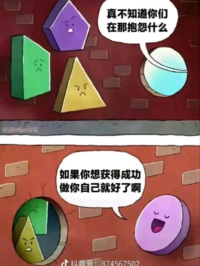 这是一幅上下分栏的讽刺卡通漫画，上半部分的砖墙背景前，紫色五边形、绿色长方体、黄色三角三个带有棱角的几何角色面露苦恼或愤怒，一旁处于专属圆形凹槽的浅蓝色圆形则一脸不解地说「真不知道你们在那抱怨什么」；下半部分场景中，三个带棱角的角色被挤在一个圆形凹槽里，表情依旧苦闷，而原本的紫色五边形被完全磨成了圆形，在自己的圆形凹槽里开心大笑，同时配文「如果你想获得成功 做你自己就好了啊」。这幅漫画通过强烈的对比，讽刺了社会或职场中所谓「做自己就能成功」的鸡汤言论，实则揭示了个体被环境磨去棱角、被迫同化才能适应规则的现实，用几何形状的变化隐喻了人们在现实中不得不放弃自我、迎合标准的无奈。