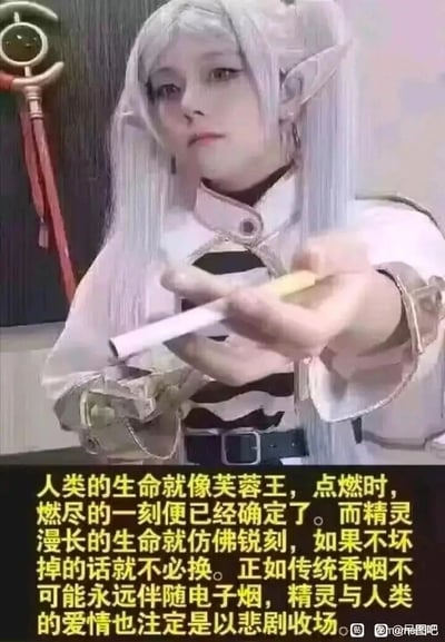 这是一张结合热门动漫《葬送的芙莉莲》的二次创作玩梗图文。画面上方是真人cos的动漫角色芙莉莲，扮演者还原了角色的银白色长发、精灵耳以及标志性服饰，手持类似香烟的物品向前伸出，神情淡漠惆怅，背景中还能看到角色的法杖。画面下方配有一段玩梗文案，用不同香烟的特性做比喻：将人类短暂的生命比作传统香烟芙蓉王，点燃就注定燃尽；将精灵漫长的生命比作锐刻电子烟，不坏就无需更换，进而类比精灵与人类的爱情如同传统香烟与电子烟无法永远相伴，注定以悲剧收场，精准贴合《葬送的芙莉莲》中精灵芙莉莲与人类辛美尔跨种族爱情的悲剧内核，用生活化的事物降低了动漫悲剧主题的沉重感，增添了搞笑玩梗的趣味。