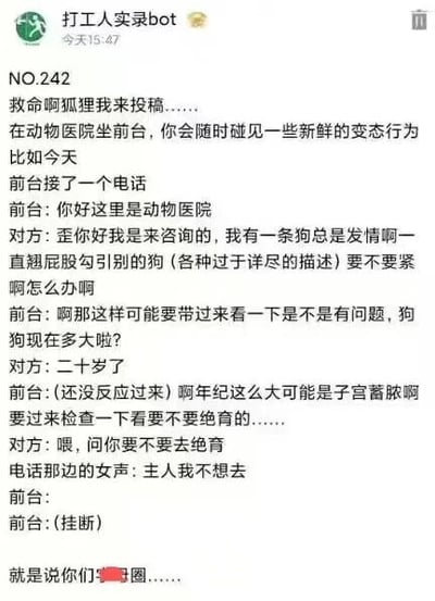 这是一张来自“打工人实录bot”的社交媒体截图，内容为用户投稿分享的动物医院前台趣事。故事中，前台接到一个咨询电话，对方称自己的狗总是发情，详细描述后被问及狗狗年龄时回答“二十岁”，前台建议检查是否子宫蓄脓并提到绝育，对方却反问前台“要不要去绝育”，此时电话那头传来女声“主人我不想去”，前台无奈挂断电话。整个对话充满荒诞感和幽默感，结尾“就是说你们狗圈……”更是点睛之笔。