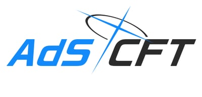 图片展示了一个标志设计，主体为文字'AdsCFT'，其中'Ads'采用蓝色字体，'CFT'采用黑色字体。文字上方有一个蓝色的十字形图案，十字交叉处有一个黑色的环形弧线环绕，整体设计简洁现代，背景为纯白色。