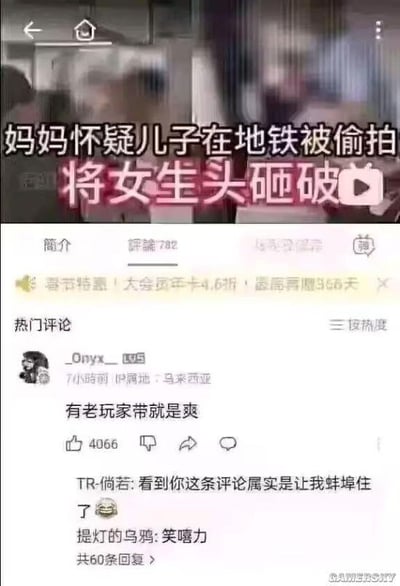 这是一张图文混排的社交媒体截图，上方是一则社会新闻的视频截图，标题为“妈妈怀疑儿子在地铁被偷拍 将女生头砸破”，内容是一位妈妈因误会女生偷拍自己儿子，做出砸破女生头部的过激伤人行为；下方是该视频的评论区，用户“_Onyx__”发布热门评论“有老玩家带就是爽”，将新闻里妈妈的过激伤人行为荒诞地调侃成游戏里“老玩家带飞队友”的语境，和严肃的新闻内容形成强烈反差，显得十分无厘头。其他网友回复“看到你这条评论属实是让我蚌埠住了”“笑嘻力”，其中“蚌埠住了”是“绷不住了”的谐音梗，表达对这条玩梗评论的哭笑不得。