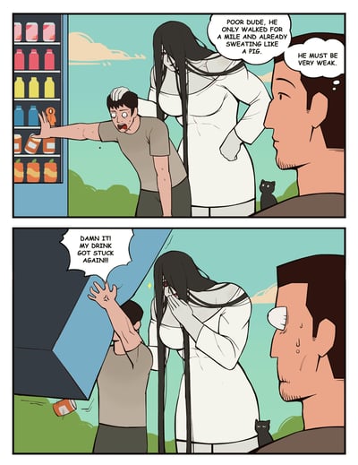 这是一则两格搞笑连环漫画：
第一格中，路人看到一位满头大汗、表情惊恐的小哥，旁边站着一位长发遮脸的白衣女子，路人内心吐槽：“这哥们才走了一英里就汗流浃背，肯定很虚”；
第二格反转，小哥直接掀翻售货机，大喊“该死！我的饮料又卡住了！”，路人瞬间吓出冷汗，原来小哥的异常是因为饮料卡在售货机里，完全不是路人脑补的“体虚”，制造出误解的搞笑效果。
漫画没有双关、谐音梗，靠情节反转制造笑点。