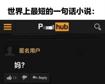这张梗图通过幽默的方式呈现了所谓的"世界上最短的一句话小说"。图片上方有文字"世界上最短的一句话小说："，下方则是一个类似视频网站的界面截图，显示有"匿名用户"发布了一条评论"妈?"。这种设计创造了一种尴尬又搞笑的场景，暗示某人可能在不当网站上意外遇到了自己的母亲，用极简的方式讲述了一个完整的故事弧线，包含了背景、冲突和悬念。