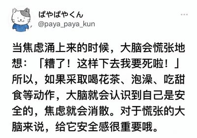 这是一张包含焦虑管理建议的图文内容，左侧有一个卡通猫头像，旁边有用户名"ぱやぱやくん @paya_paya_kun"。主要文字内容解释了当焦虑出现时大脑的反应，以及通过喝花茶、泡澡、吃甜食等方式给大脑安全感来缓解焦虑的方法。