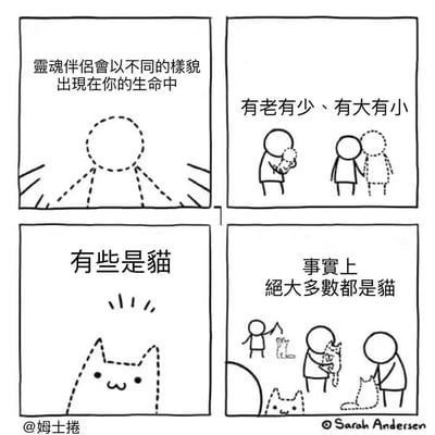 这是一幅四格漫画，以简约的线条风格呈现。第一格文字写着「灵魂伴侣会以不同的样貌出现在你的生命中」，并配有一个虚线勾勒的人形轮廓。第二格文字为「有老有少、有大有小」，展示了不同大小的人形互动。第三格文字「有些是猫」，画面变为虚线勾勒的猫形轮廓。第四格揭示「事实上绝大多数都是猫」，画面中有多个人形与猫互动的场景，形成幽默转折。
