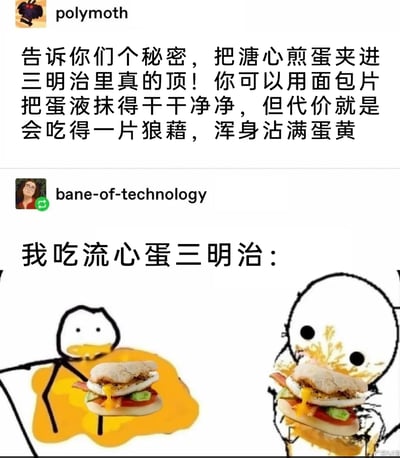这是一张来自海外社交平台的搞笑梗图，分为上下两部分。上方用户polymoth分享了自己的美食体验，称将溏心煎蛋夹进三明治里味道绝佳，但食用时会因为流心蛋液弄得浑身沾满蛋黄，一片狼藉；下方用户bane-of-technology则用两幅火柴人插画生动还原了自己吃流心蛋三明治的真实场景：第一幅里火柴人被流出来的大量蛋黄完全包围，手持流心蛋三明治，表情呆滞；第二幅里火柴人的脸部和身上都沾满了蛋黄，狼狈不堪，形象地调侃了吃流心蛋三明治时容易被蛋液弄脏的尴尬日常，充满趣味。