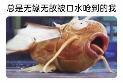 这是一张用于吐槽日常小尴尬的表情包，图片上方配有文字“总是无缘无故被口水呛到的我”，图中主体是一个魔改自宝可梦鲤鱼王的3D渲染形象：它眼睛圆睁，嘴巴大张，身体瘫软在平面上，神态狼狈又充满窒息感，完美还原了人在突然被口水呛到时那种喉咙发紧、呼吸不畅、狼狈不堪的状态，用夸张的卡通形象将生活里的小尴尬放大，十分生动有趣，能让有相同经历的人产生强烈共鸣。