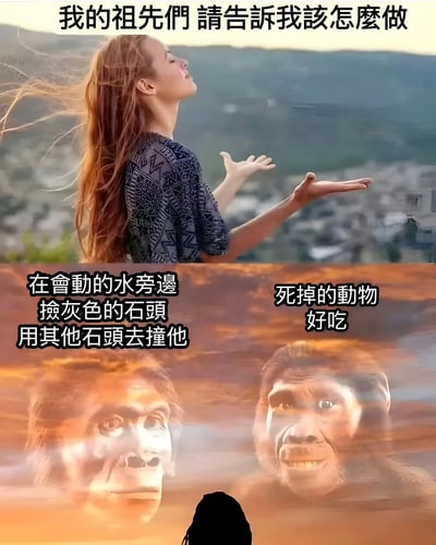 图片分为上下两部分。上半部分是一位红发女子站在山顶，双手摊开仰望天空，背景是山脉和城镇，上方文字写着'我的祖先們 請告訴我該怎麼做'。下半部分是两个原始人面部特写，背景是橙黄色天空，左侧文字写着'在會動的水旁邊 撿灰色的石頭 用其他石頭去撞他'，右侧文字写着'死掉的動物 好吃'。通过反差制造幽默效果，女子虔诚求助祖先，得到的却是最原始简单的生存建议。
