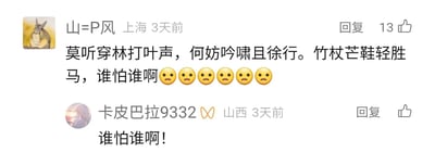 这是一张社交媒体评论区的静态截图，展示了两条发布于3天前的互动评论。来自上海的用户“山=P风”发布的评论获得了13个点赞，内容先引用宋代词人苏轼《定风波·莫听穿林打叶声》中的经典词句“莫听穿林打叶声，何妨吟啸且徐行。竹杖芒鞋轻胜马”，随后将原词的“谁怕？一蓑烟雨任平生”改编为口语化的“谁怕谁啊”，并搭配六个惊讶表情，用经典结合接地气的表达传递出洒脱不服输的情绪；来自山西的用户“卡皮巴拉9332”则回复该评论，重复了“谁怕谁啊！”，形成趣味呼应的评论互动。