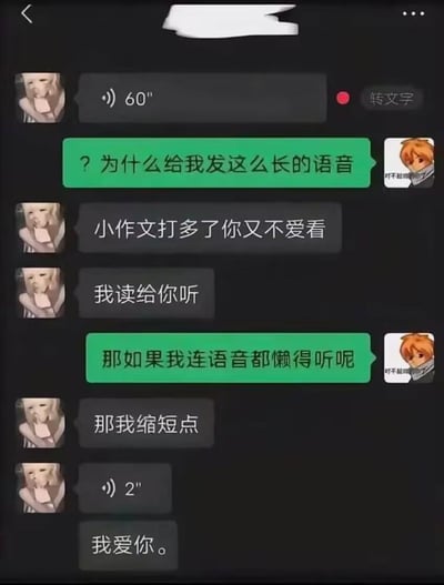 聊天记录截图中，一方先发送60秒长语音消息，绿色气泡方疑惑询问“为什么给我发这么长的语音”。灰色气泡方解释“小作文打多了你又不爱看，我读给你听”，当被反问“那如果我连语音都懒得听呢”，最终将语音缩短至2秒并发送“我爱你。”。通过日常聊天的反差感制造出温馨又搞笑的浪漫反转效果。
